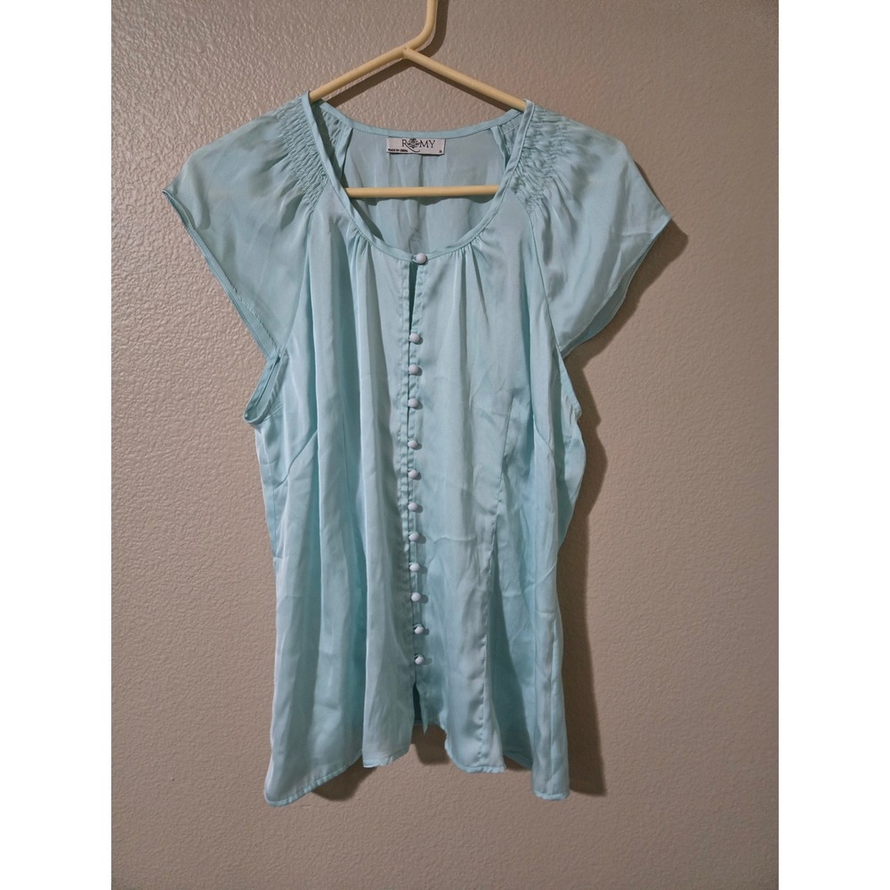 Romy Womens Blue Satin Blouse Short Sleeve Button Front Smocked Waist Top XL